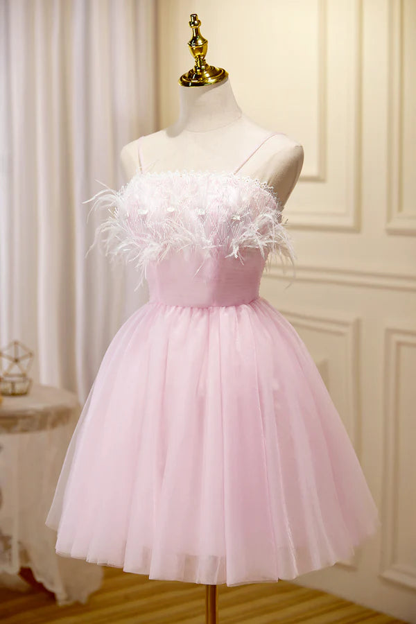 Wholesale Pink Spaghetti Strap Tulle Short Prom Dress with Feather Pink Party Dress